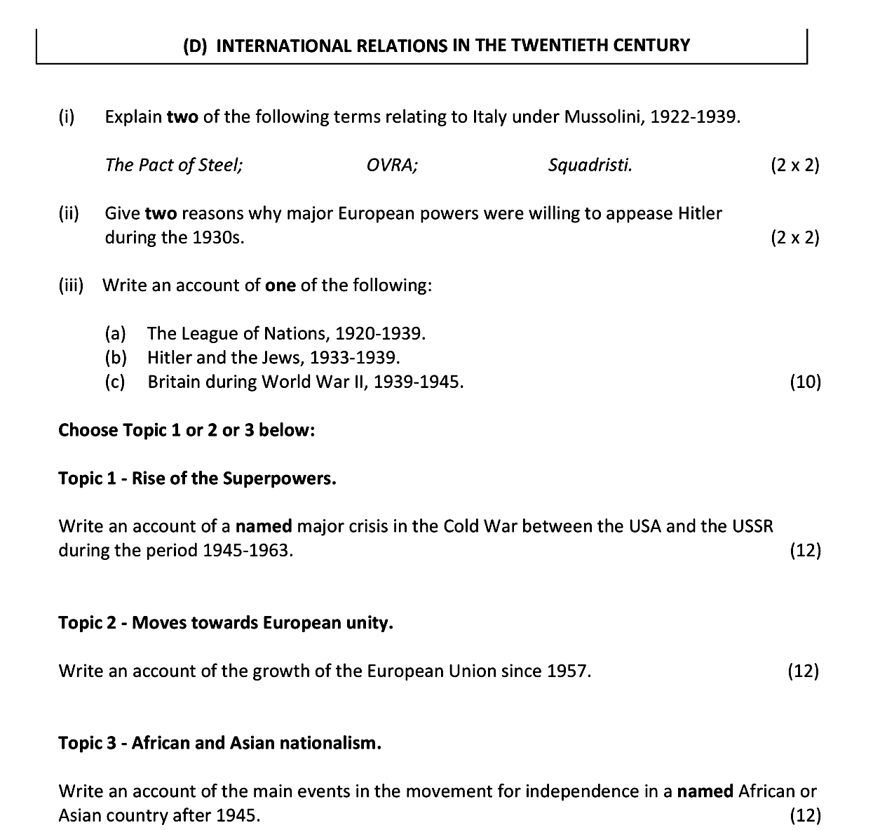 (i)-Explain-two-of-the-following-terms-relating-to-Italy-under-Mussolini,-1922-1939-Junior Cycle History-Question (D) INTERNATIONAL RELATIONS IN THE TWENTIETH CENTURY-2019.png
