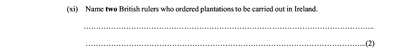 Name-two-British-rulers-who-ordered-plantations-to-be-carried-out-in-Ireland.-Junior Cycle History-Question xi-2010.png