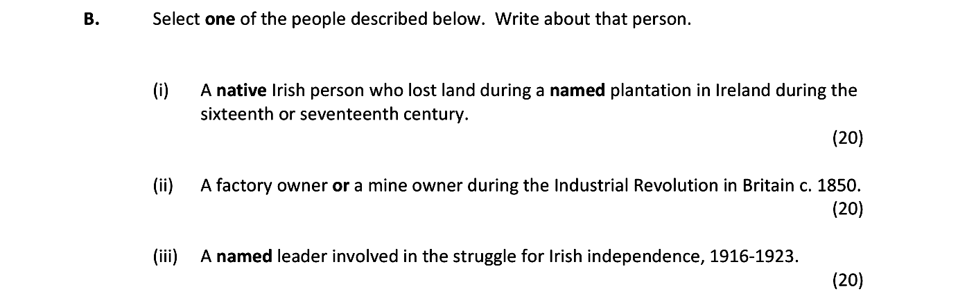 A-native-Irish-person-who-lost-land-during-a-named-plantation-in-Ireland-during-the-sixteenth-or-seventeenth-century.-Junior Cycle History-Question B (i)-2019.png