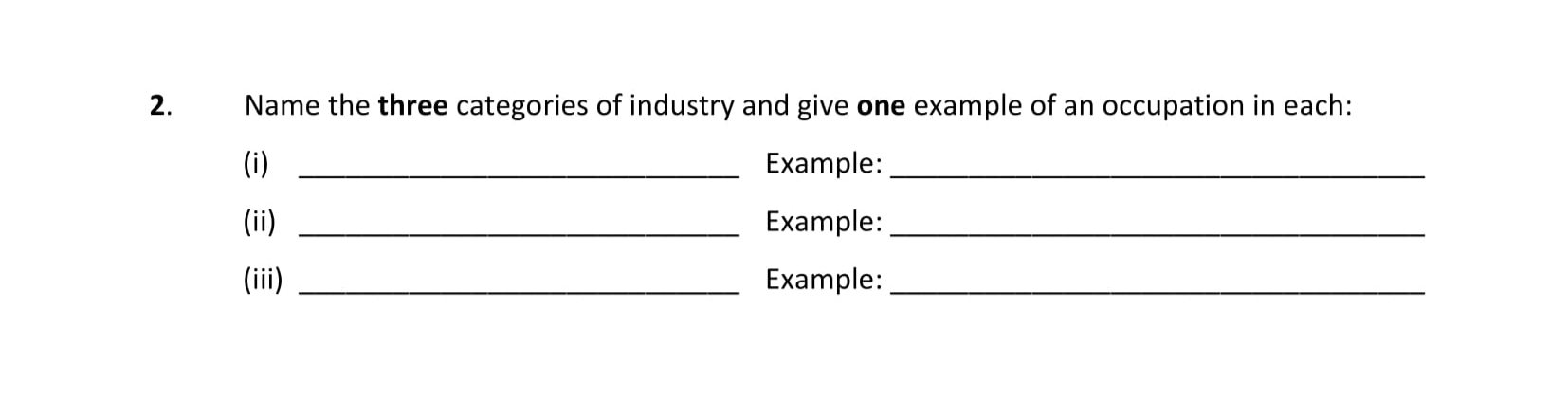 Name-the-three-categories-of-industry-and-give-one-example-of-an-occupation-in-each:--(i)-___________________________--Example:-___________________________--(ii)-___________________________--Example:-___________________________--(iii)-___________________________--Example:-___________________________-Leaving Cert Business-Question 2-2019.png