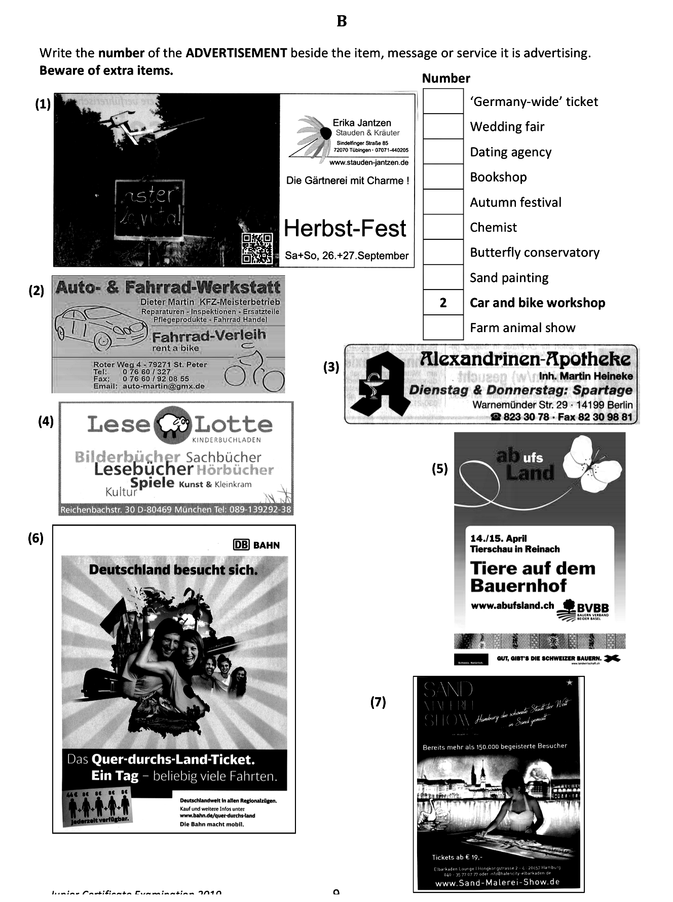 Write-the-number-of-the-ADVERTISEMENT-beside-the-item,-message-or-service-it-is-advertising-Junior Cycle German-Question B-2019.png