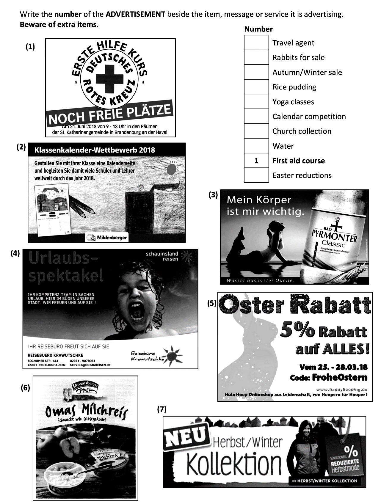 Write-the-number-of-the-ADVERTISEMENT-beside-the-item,-message-or-service-it-is-advertising-Junior Cycle German-Question 1-2018.png
