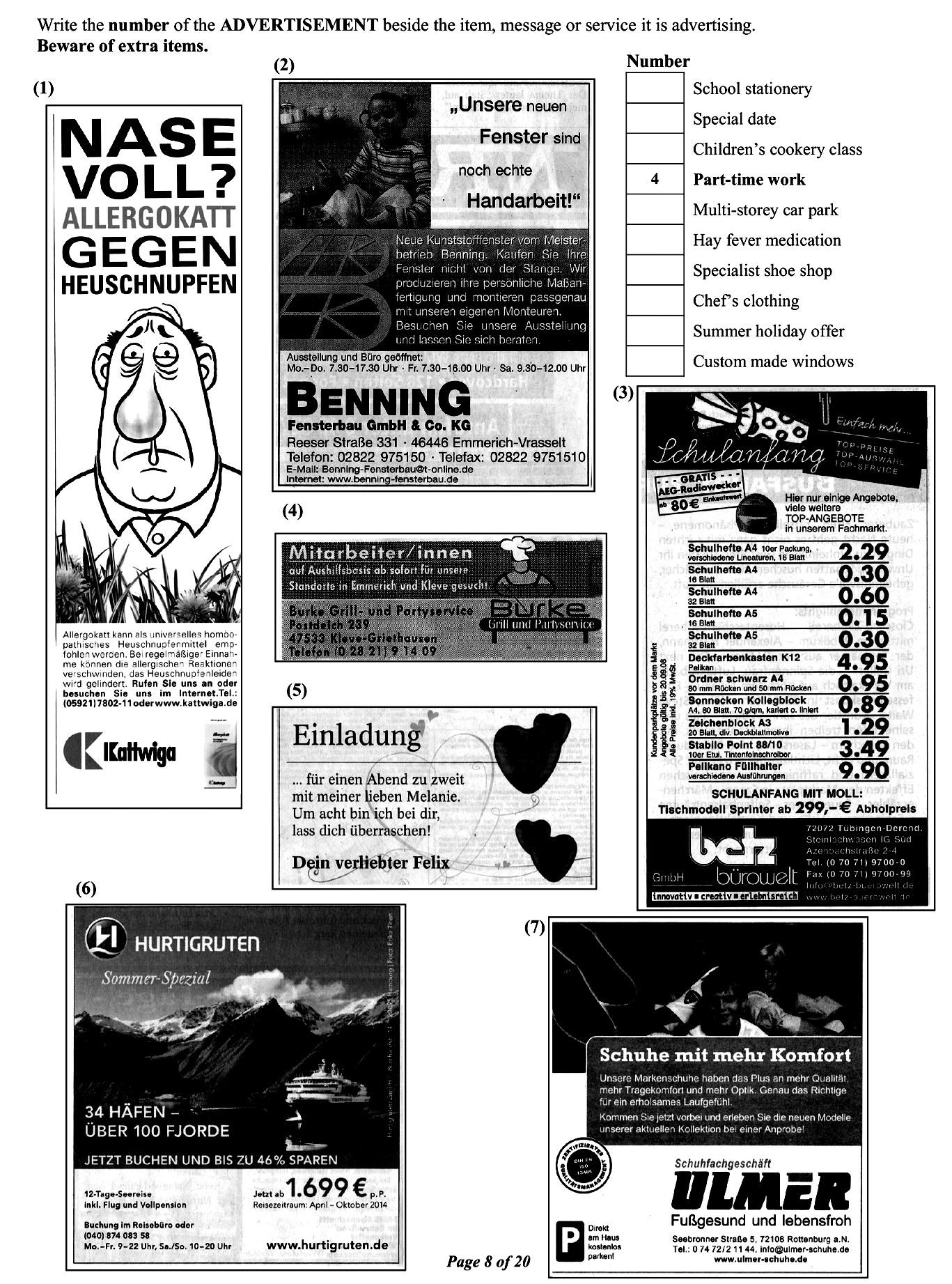 Write-the-number-of-the-ADVERTISEMENT-beside-the-item,-message-or-service-it-is-advertising-Junior Cycle German-Question 1-2014.png