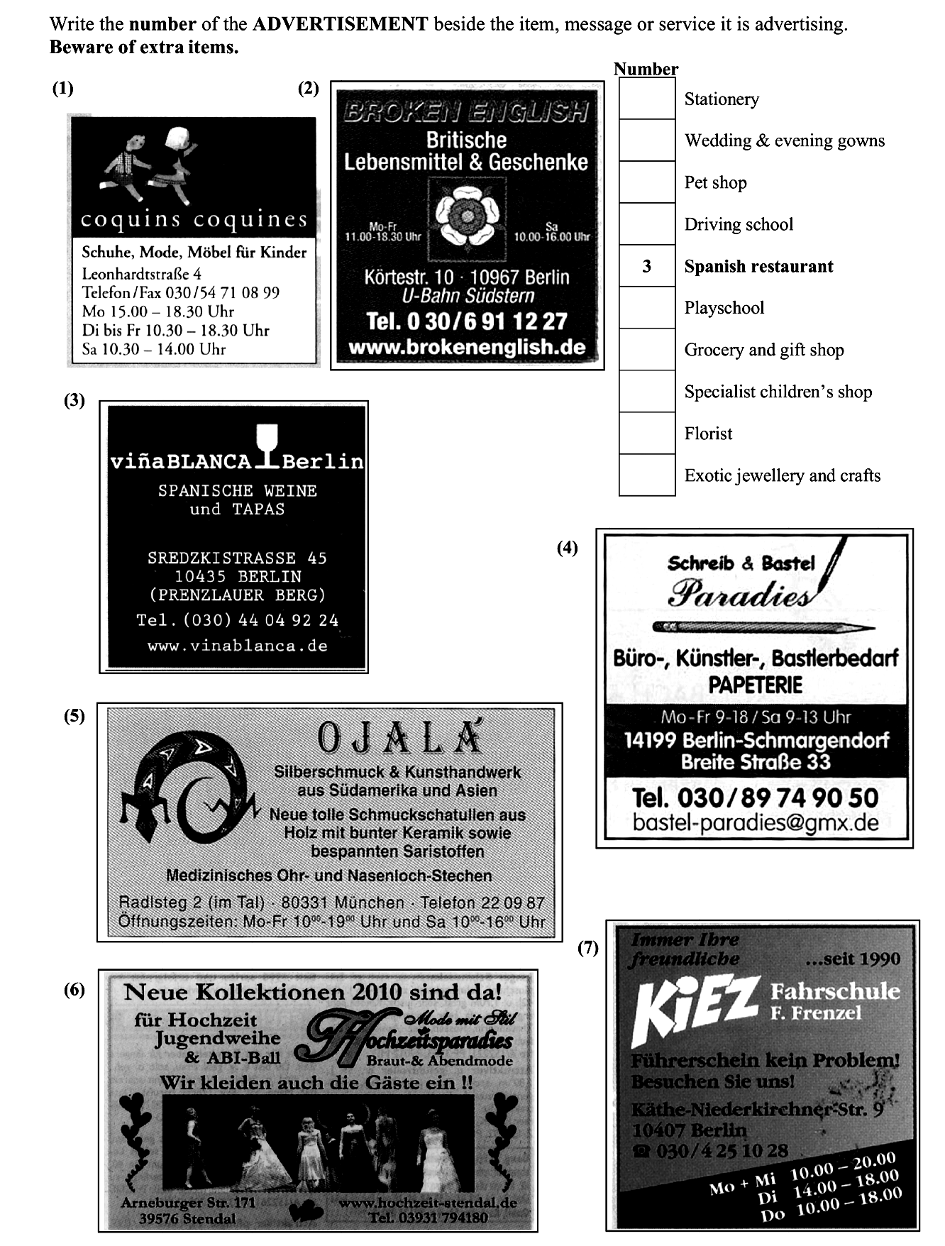 Write-the-number-of-the-ADVERTISEMENT-beside-the-item,-message-or-service-it-is-advertising-Junior Cycle German-Question 1-2011.png