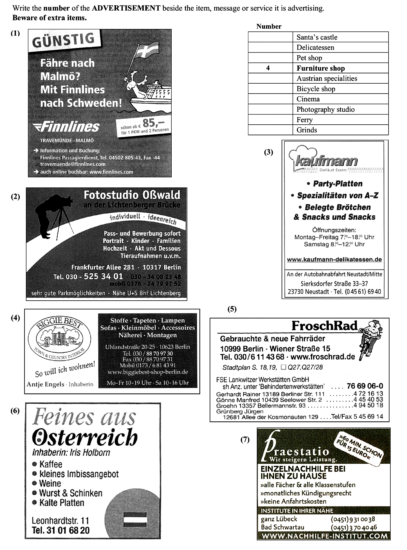 Write-the-number-of-the-ADVERTISEMENT-beside-the-item,-message-or-service-it-is-advertising-Junior Cycle German-Question 1-2010.png