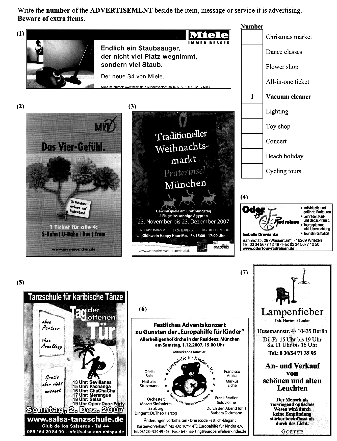 Write-the-number-of-the-ADVERTISEMENT-beside-the-item,-message-or-service-it-is-advertising-Junior Cycle German-Question 1-2009.png