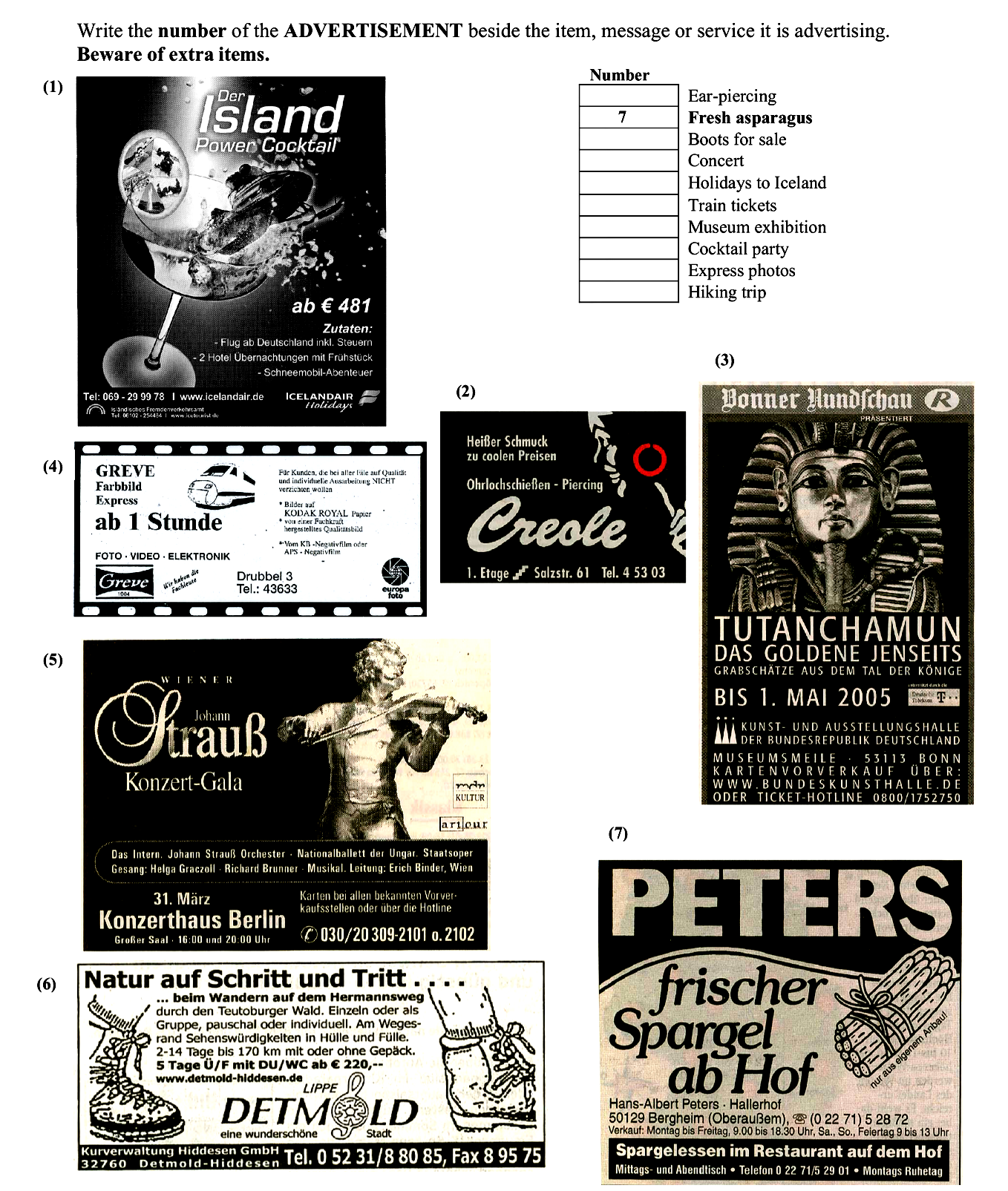 Write-the-number-of-the-ADVERTISEMENT-beside-the-item,-message-or-service-it-is-advertising-Junior Cycle German-Question 1-2006.png