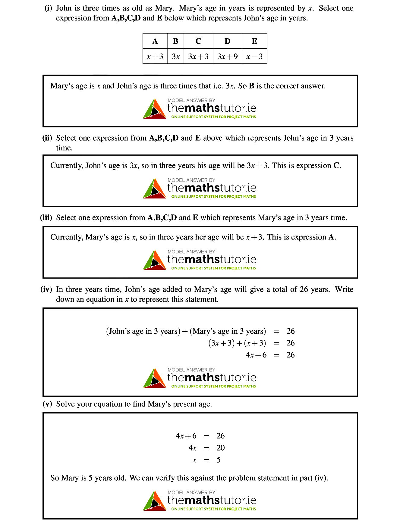 John-is-three-times-as-old-as-Mary-Junior Cycle Mathematics-Question 10-2014.png
