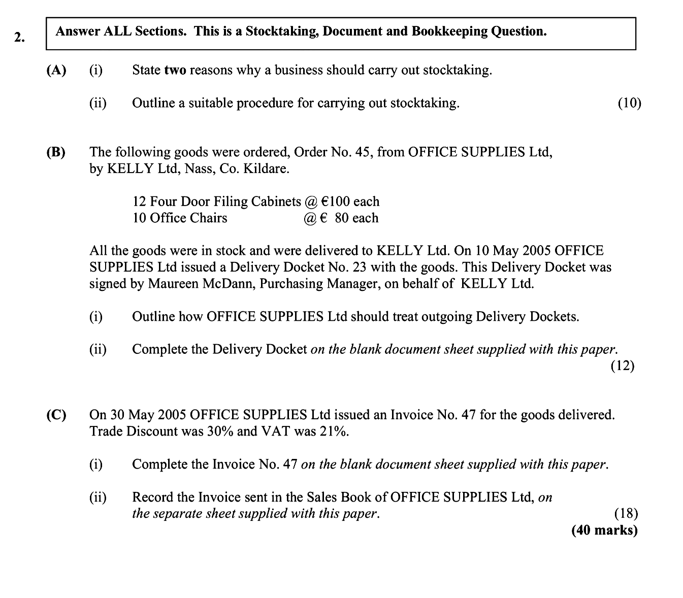 Answer-ALL-Sections-Junior Cycle Business Studies-Question 2-2005.png