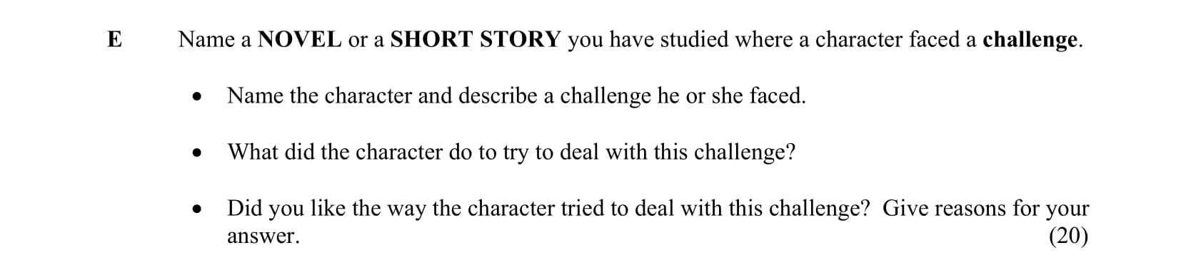 Name-a-NOVEL-or-a-SHORT-STORY-you-have-studied-where-a-character-faced-a-challenge-Junior Cycle English-Question E-2015.png