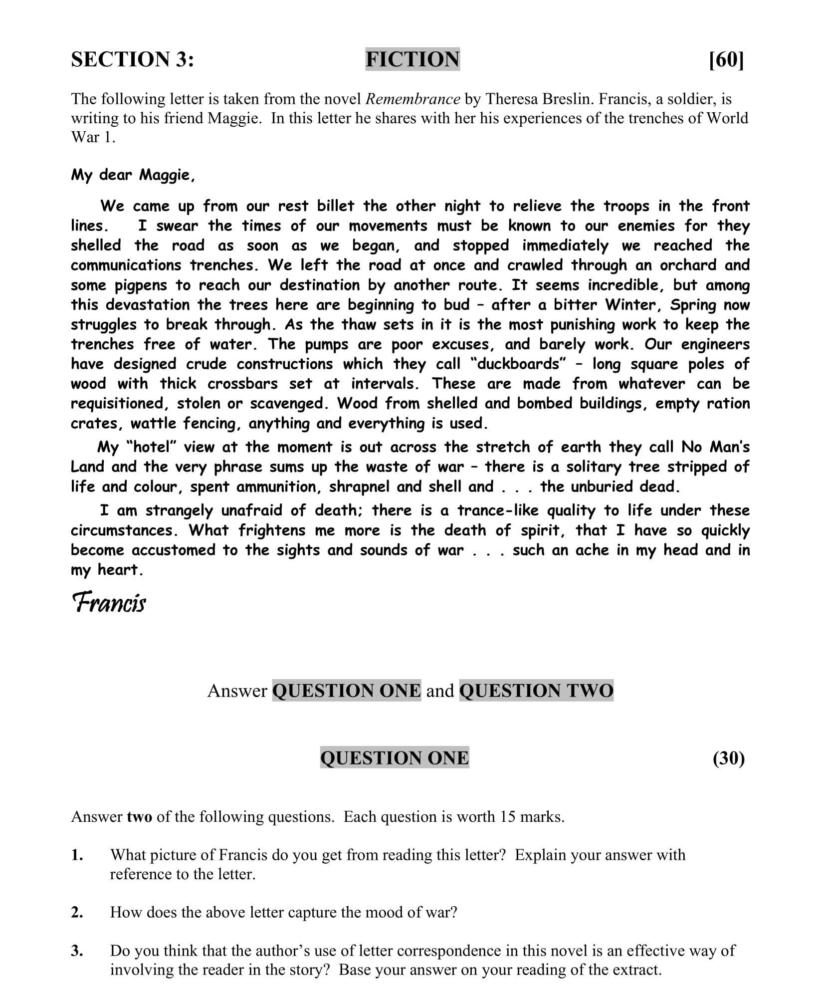 What-picture-of-Francis-do-you-get-from-reading-this-letter?-Explain-your-answer-with-reference-to-the-letter-Junior Cycle English-Question QUESTION ONE-2007.png