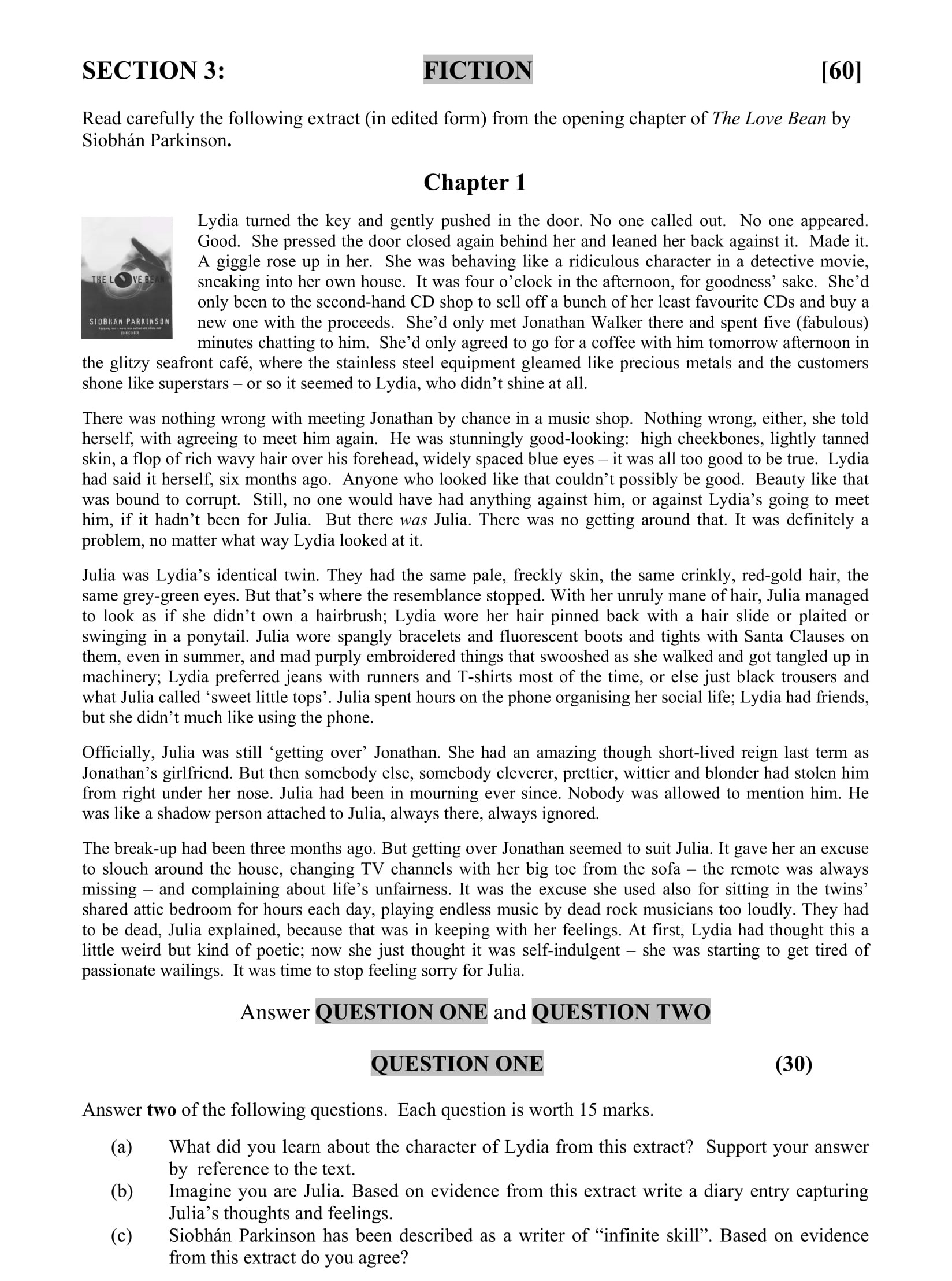 Answer-two-of-the-following-questions-Junior Cycle English-Question QUESTION ONE-2005.png