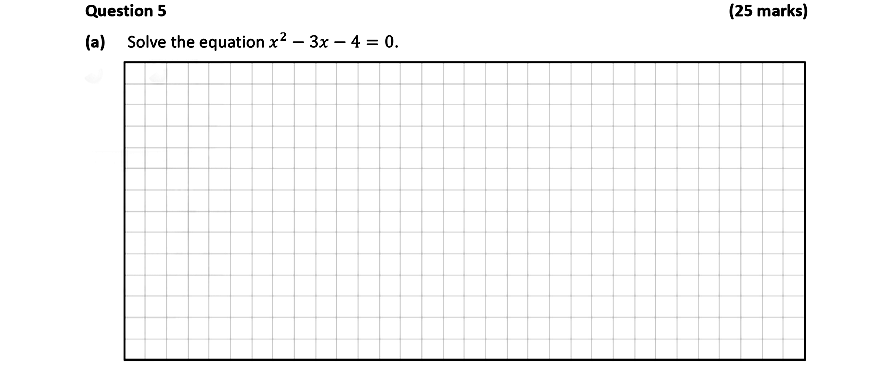 Solve-the-equation-$x^2---3x---4-=-0.$-Leaving Cert Mathematics-Question 5(a)-2020.png