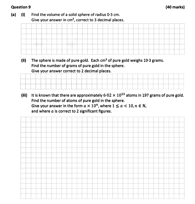 (a)-(i)-Find-the-volume-of-a-solid-sphere-of-radius-0.3-cm-Leaving Cert Mathematics-Question 9-2018.png