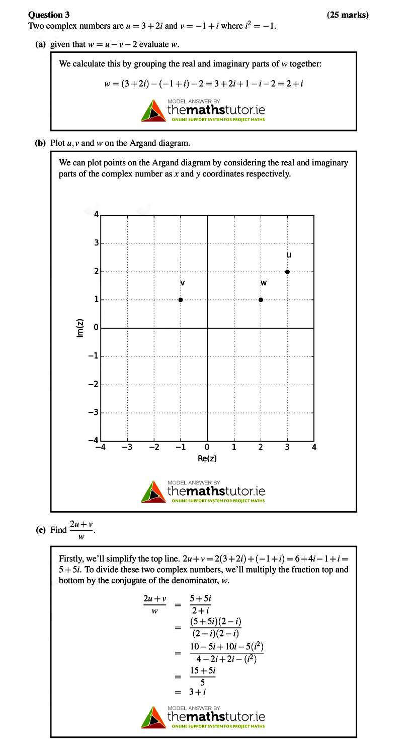 Two-complex-numbers-are-$u-=-3-+-2i$-and-$v-=--1-+-i$,-where-$i^2-=--1$-Leaving Cert Mathematics-Question 3-2014.png