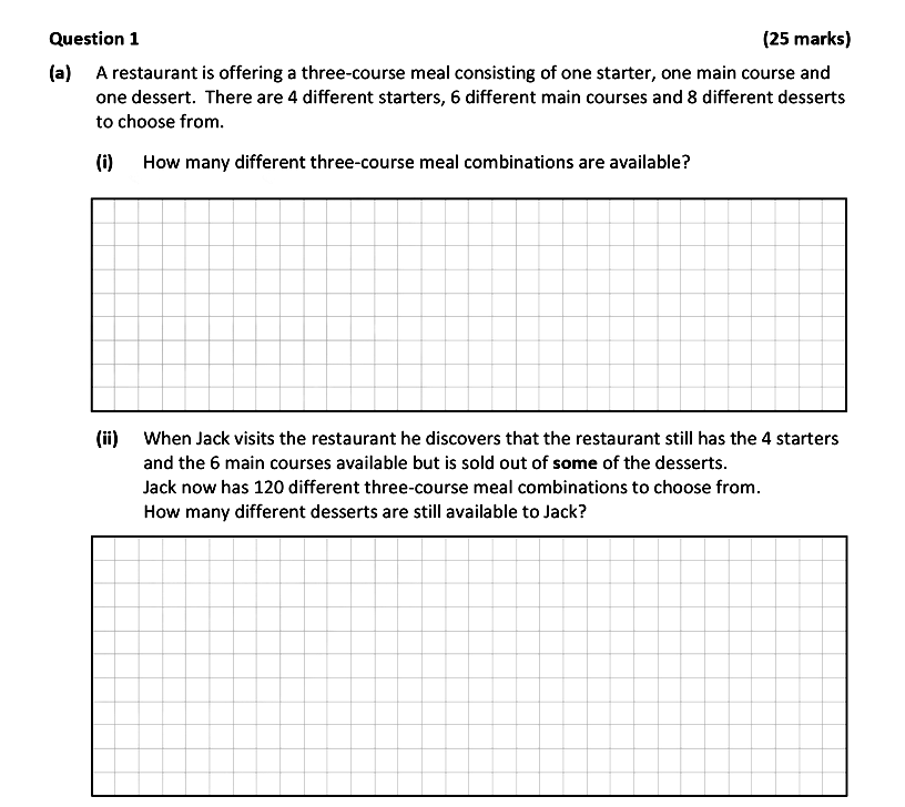 A-restaurant-is-offering-a-three-course-meal-consisting-of-one-starter,-one-main-course-and-one-dessert-Leaving Cert Mathematics-Question 1-2020.png