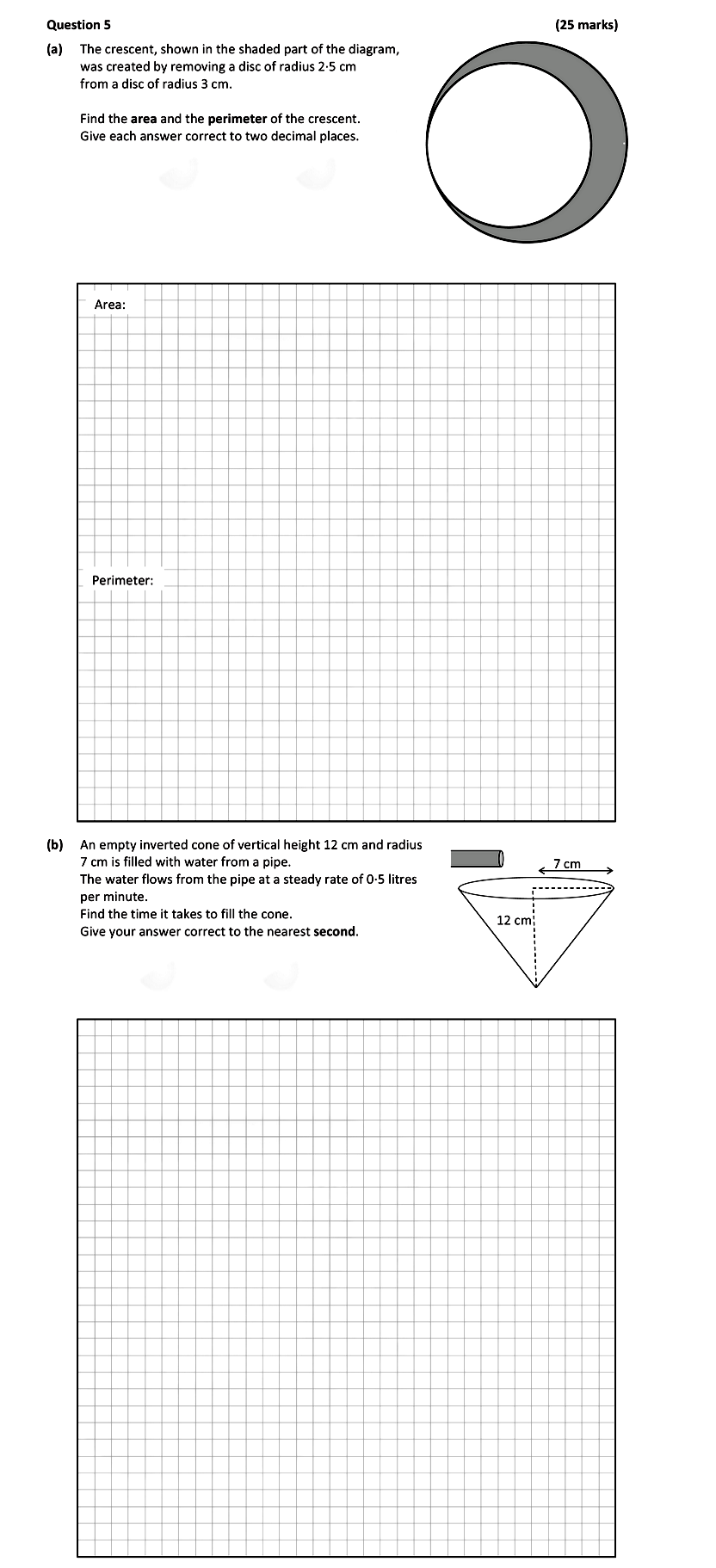 The-crescent,-shown-in-the-shaded-part-of-the-diagram,-was-created-by-removing-a-disc-of-radius-2.5-cm-from-a-disc-of-radius-3-cm-Leaving Cert Mathematics-Question 5-2019.png