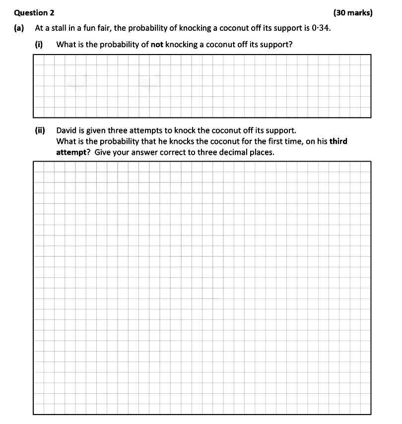 At-a-stall-in-a-fun-fair,-the-probability-of-knocking-a-coconut-off-its-support-is-0.34-Leaving Cert Mathematics-Question 2(a)-2021.png