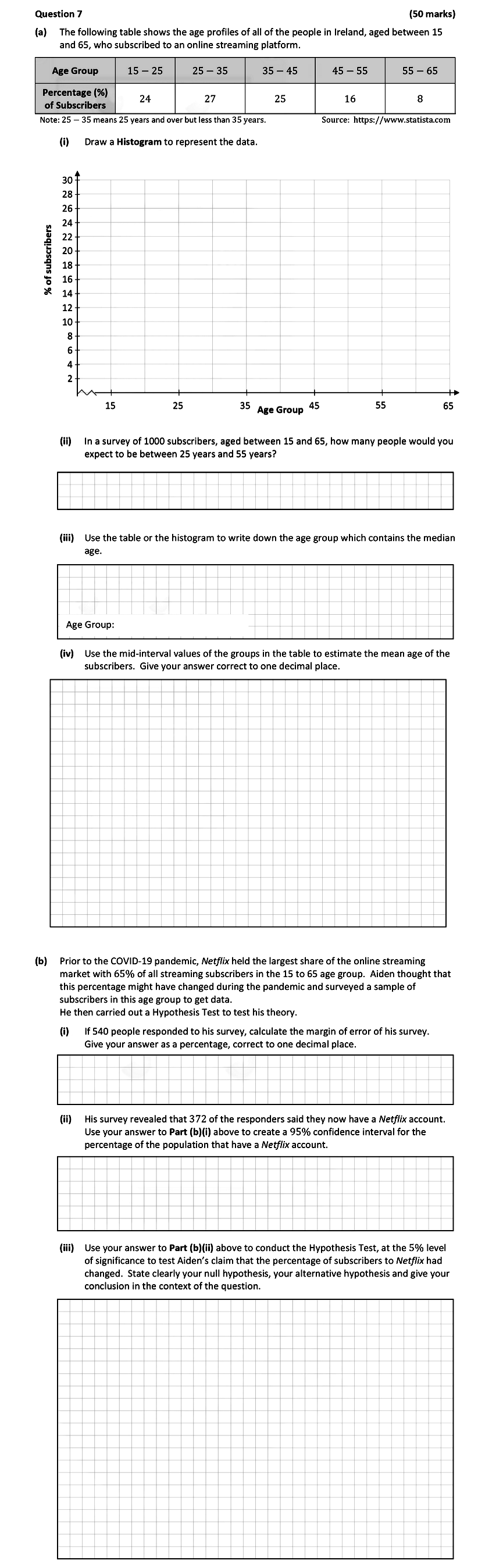 The-following-table-shows-the-age-profiles-of-all-of-the-people-in-Ireland,-aged-between-15-and-65,-who-subscribed-to-an-online-streaming-platform-Leaving Cert Mathematics-Question 7-2021.png