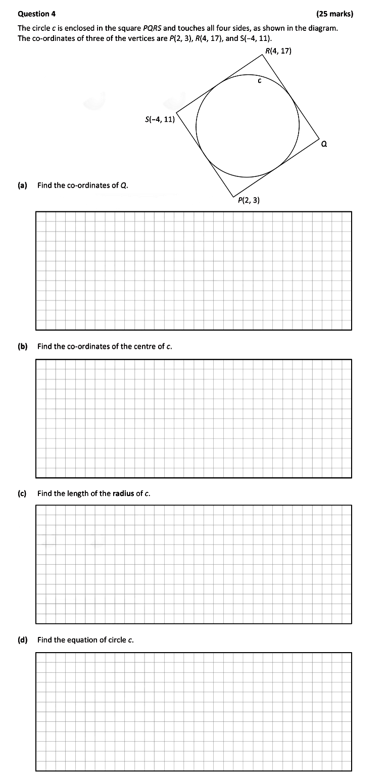 The-circle-c-is-enclosed-in-the-square-PQRS-and-touches-all-four-sides,-as-shown-in-the-diagram-Leaving Cert Mathematics-Question 4-2019.png