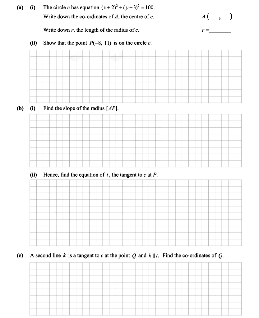 The-circle-c-has-equation-$(x-+-2)^{2}-+-(y---3)^{2}-=-100.$--Write-down-the-co-ordinates-of-A,-the-centre-of-c-Leaving Cert Mathematics-Question (a)-2014.png