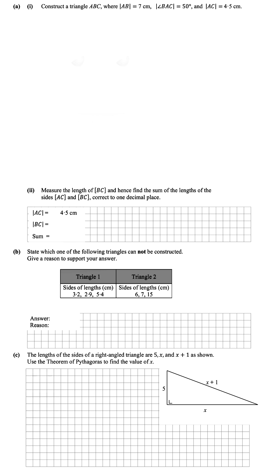 (a)-(i)-Construct-a-triangle-$ABC$,-where-|AB|-=-7-cm,-$\angle-BAC-=-50^\circ$,-and-|AC|-=-4.5-cm-Leaving Cert Mathematics-Question 6-2016.png