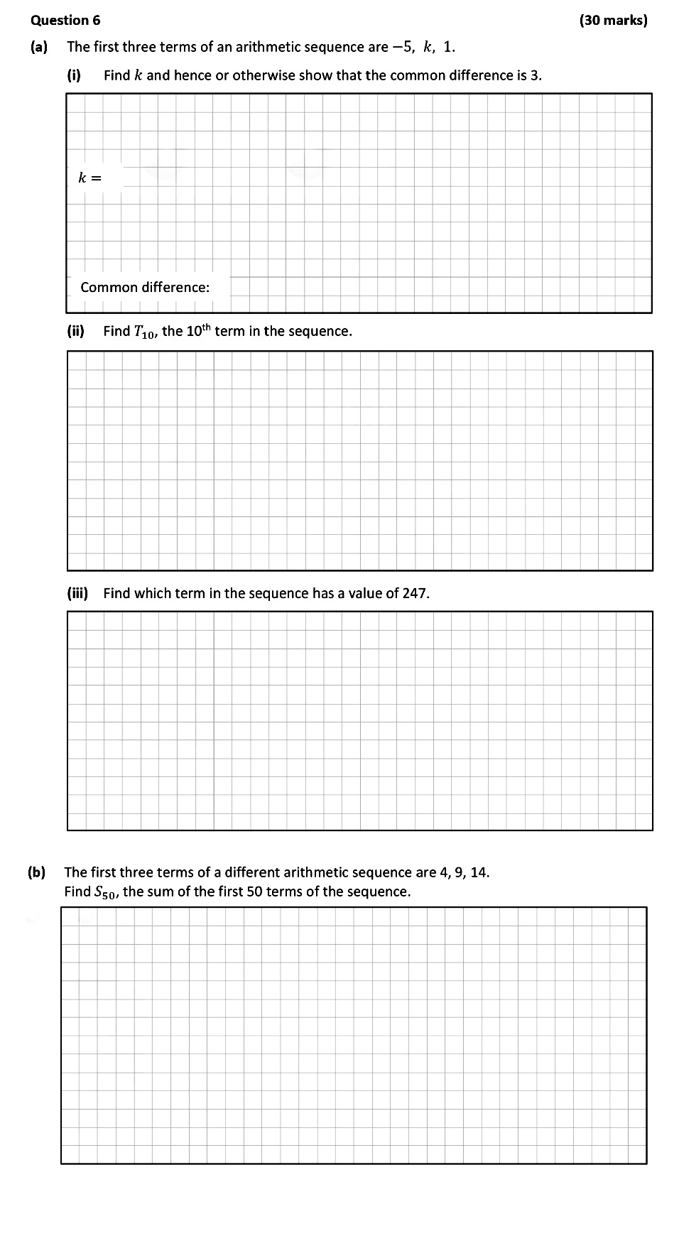 The-first-three-terms-of-an-arithmetic-sequence-are--−5,-k,-1-Leaving Cert Mathematics-Question 6-2021.png