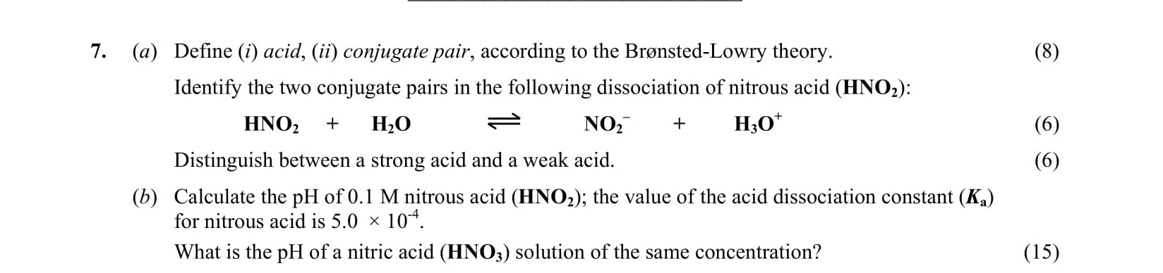 (a)-Define-(i)-acid,-(ii)-conjugate-pair,-according-to-the-Brønsted-Lowry-theory-Leaving Cert Chemistry-Question 7-2007.png