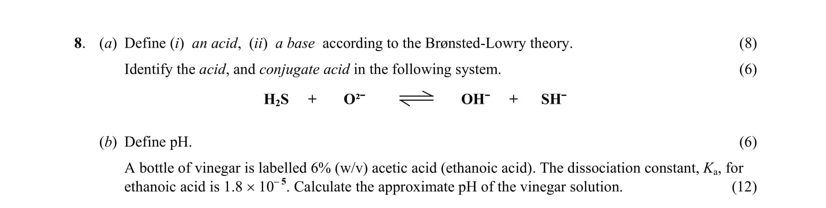 (a)-Define-(i)-an-acid,-(ii)-a-base-according-to-the-Brønsted-Lowry-theory-Leaving Cert Chemistry-Question 8-2003.png