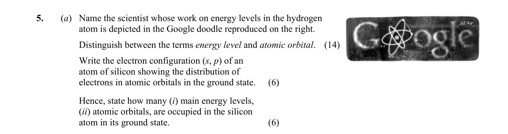 (a)-Name-the-scientist-whose-work-on-energy-levels-in-the-hydrogen-atom-is-depicted-in-the-Google-doodle-reproduced-on-the-right-Leaving Cert Chemistry-Question 5-2014.png
