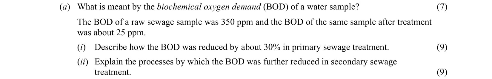 What-is-meant-by-the-biochemical-oxygen-demand-(BOD)-of-a-water-sample?--The-BOD-of-a-raw-sewage-sample-was-350-ppm-and-the-BOD-of-the-same-sample-after-treatment-was-about-25-ppm-Leaving Cert Chemistry-Question a-2011.png