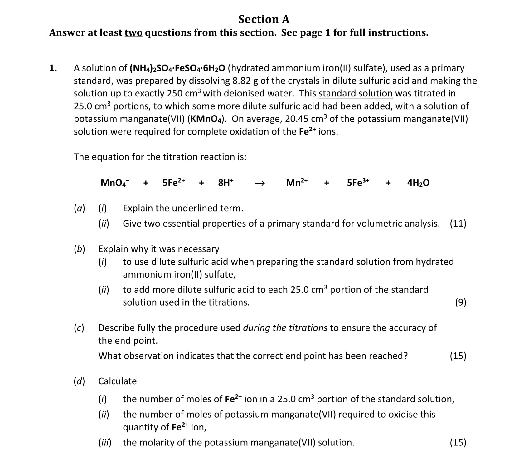 A-solution-of-(NH4)2SO4·FeSO4·6H2O-(hydrated-ammonium-iron(II)-sulfate),-used-as-a-primary-standard,-was-prepared-by-dissolving-8.82-g-of-the-crystals-in-dilute-sulfuric-acid-and-making-the-solution-up-to-exactly-250-cm³-with-deionized-water-Leaving Cert Chemistry-Question 1-2017.png