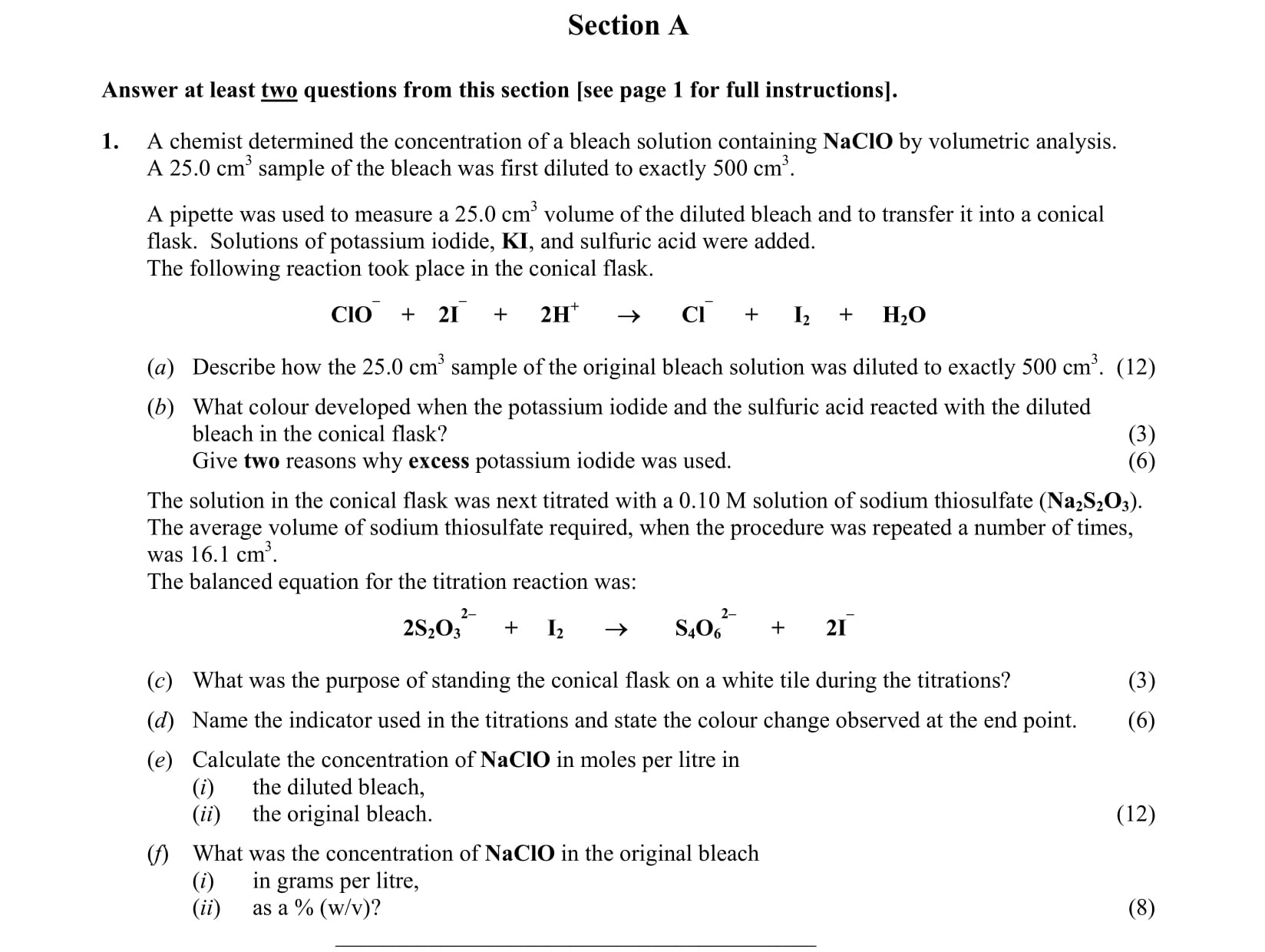 A-chemist-determined-the-concentration-of-a-bleach-solution-containing-NaClO-by-volumetric-analysis-Leaving Cert Chemistry-Question 1-2011.png
