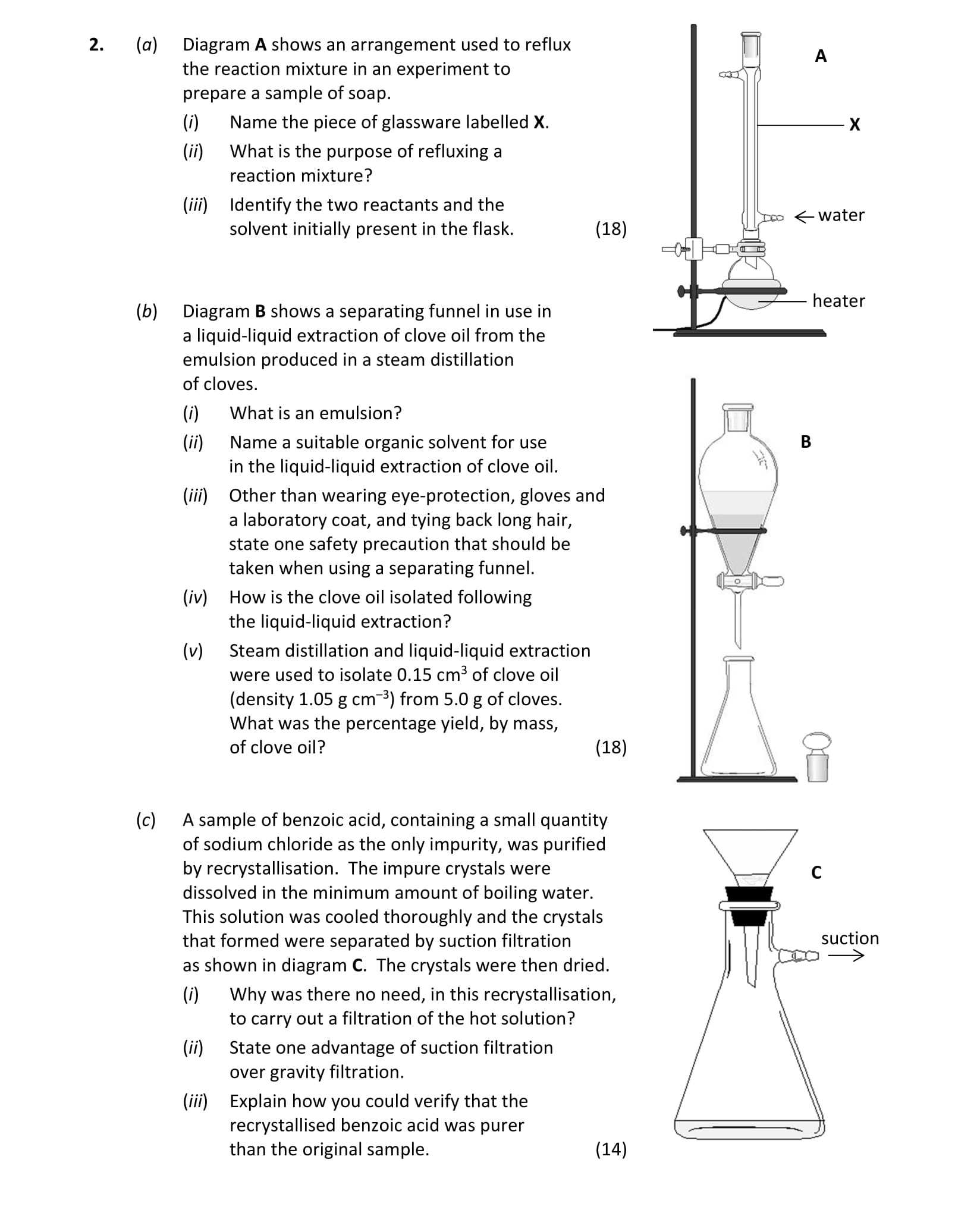 a)-Diagram-A-shows-an-arrangement-used-to-reflux-the-reaction-mixture-in-an-experiment-to-prepare-a-sample-of-soap-Leaving Cert Chemistry-Question 2-2018.png