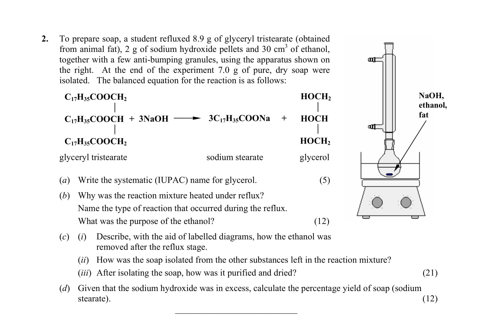 To-prepare-soap,-a-student-refluxed-8.9-g-of-glyceryl-tristearate-(obtained-from-animal-fat),-2-g-of-sodium-hydroxide-pellets-and-30-cm³-of-ethanol,-together-with-a-few-anti-bumping-granules,-using-the-apparatus-shown-on-the-right-Leaving Cert Chemistry-Question 2-2010.png