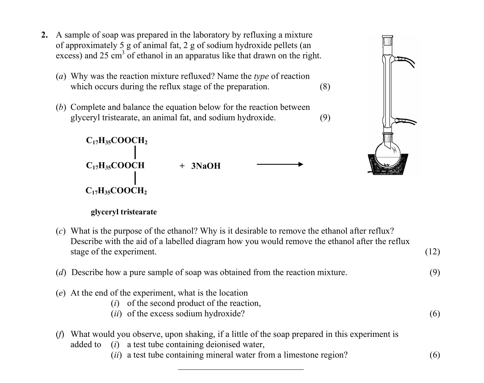 A-sample-of-soap-was-prepared-in-the-laboratory-by-refluxing-a-mixture-of-approximately-5-g-of-animal-fat,-2-g-of-sodium-hydroxide-pellets-(in-excess)-and-25-cm³-of-ethanol-in-an-apparatus-like-that-drawn-on-the-right-Leaving Cert Chemistry-Question 2-2006.png