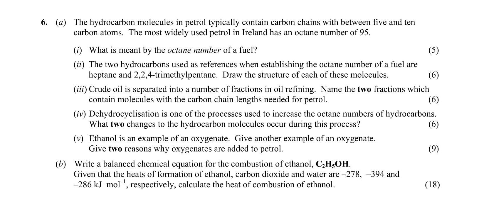 6.-(a)-The-hydrocarbon-molecules-in-petrol-typically-contain-carbon-chains-with-between-five-and-ten-carbon-atoms-Leaving Cert Chemistry-Question 6-2008.png