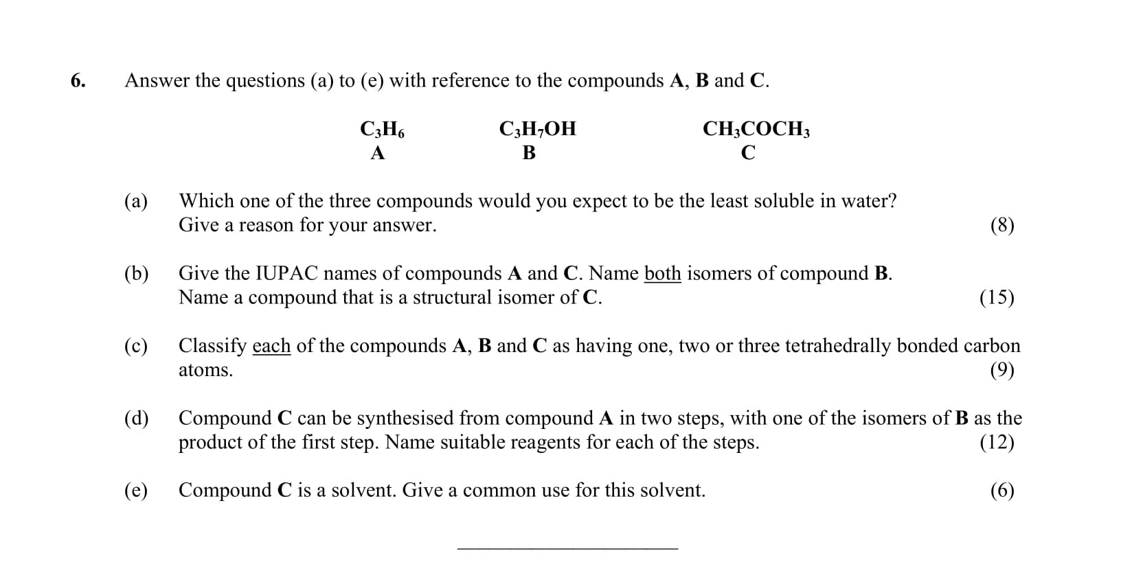 Answer-the-questions-(a)-to-(e)-with-reference-to-the-compounds-A,-B-and-C:--(a)-Which-one-of-the-three-compounds-would-you-expect-to-be-the-least-soluble-in-water?-Give-a-reason-for-your-answer-Leaving Cert Chemistry-Question 6-2022.png