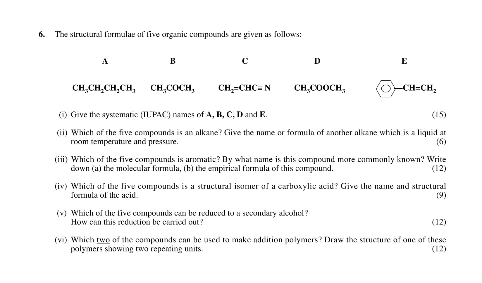 The-structural-formulae-of-five-organic-compounds-are-given-as-follows:--A:-CH₃CH₂CH₂CH₃---B:-CH₃CH₂COOH---C:-CH₃C≡N----D:-CH₃CH=CHN---E:-CH₃COOCH₃----(i)-Give-the-systematic-(IUPAC)-names-of-A,-B,-C,-D-and-E-Leaving Cert Chemistry-Question 6-2001.png