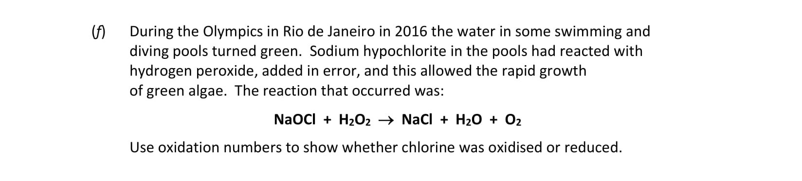 During-the-Olympics-in-Rio-de-Janeiro-in-2016-the-water-in-some-swimming-and-diving-pools-turned-green-Leaving Cert Chemistry-Question f-2018.png