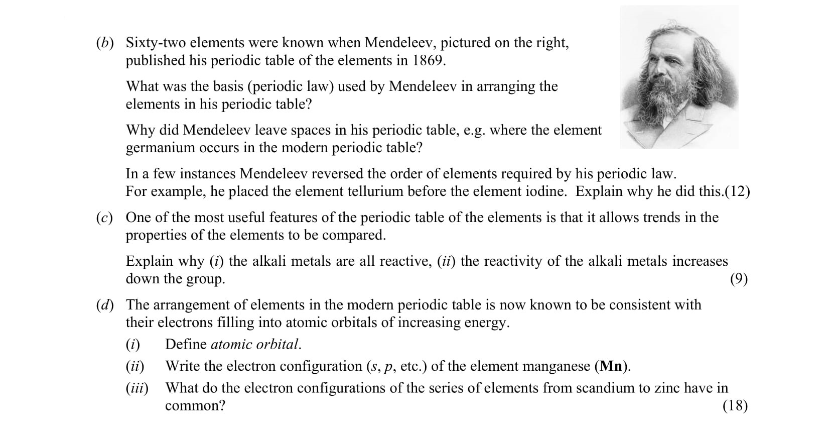 Sixty-two-elements-were-known-when-Mendeleev-published-his-periodic-table-of-the-elements-in-1869-Leaving Cert Chemistry-Question b-2011.png
