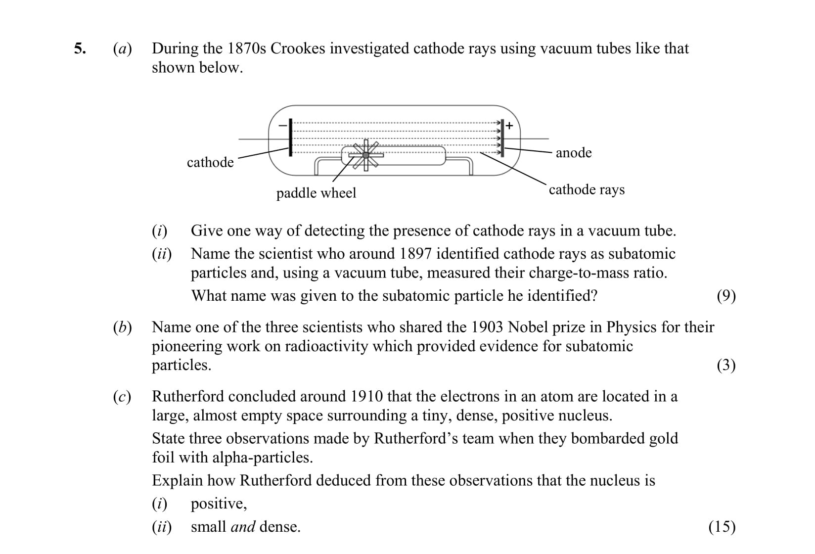 During-the-1870s-Crookes-investigated-cathode-rays-using-vacuum-tubes-like-that-shown-below-Leaving Cert Chemistry-Question 5-2015.png