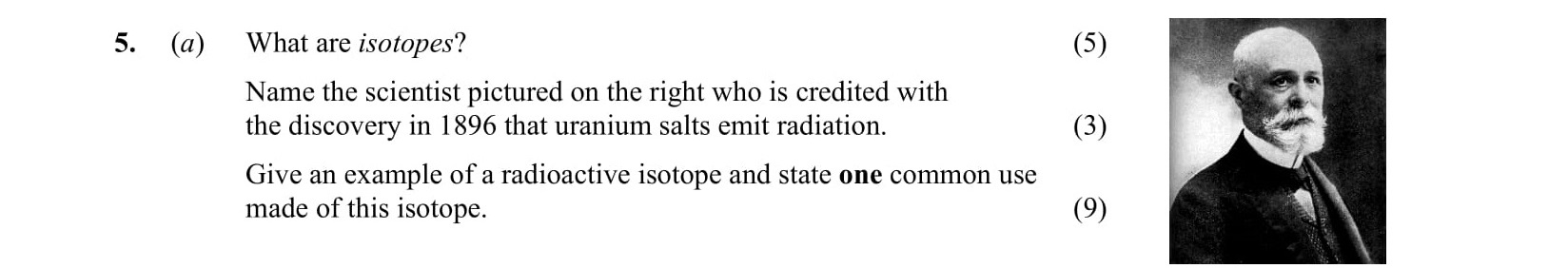 What-are-isotopes?--Name-the-scientist-pictured-on-the-right-who-is-credited-with-the-discovery-in-1896-that-uranium-salts-emit-radiation-Leaving Cert Chemistry-Question 5-2005.png