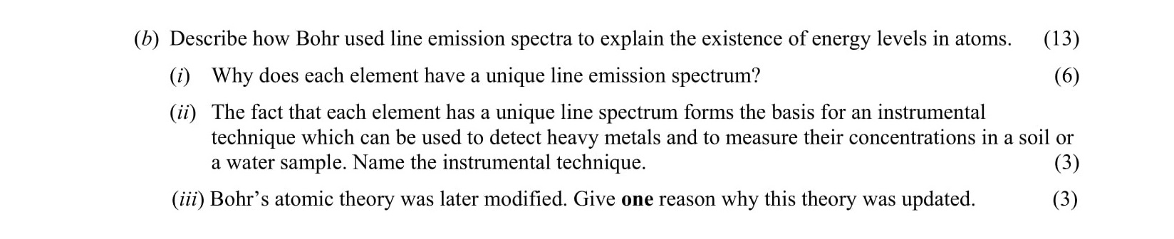 Describe-how-Bohr-used-line-emission-spectra-to-explain-the-existence-of-energy-levels-in-atoms-Leaving Cert Chemistry-Question b-2004.png