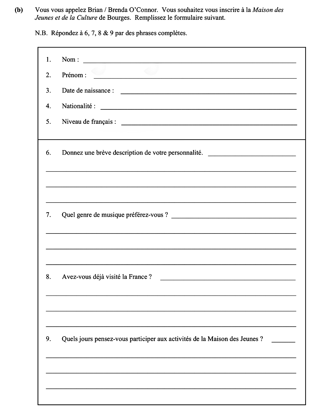 Vous-vous-appelez-Brian-/-Brenda-O'Connor-Leaving Cert French-Question 6, 7, 8, 9-2016.png