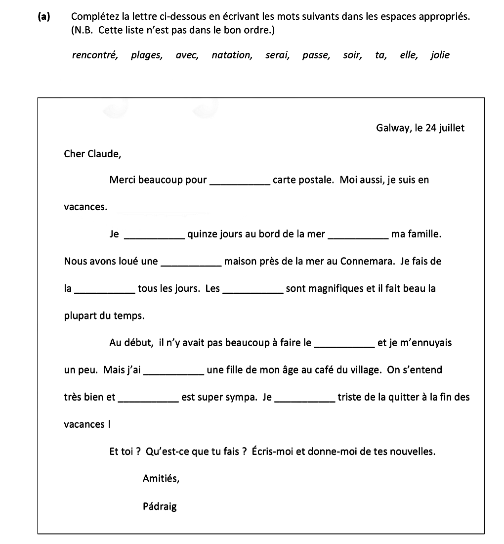Complétez-la-lettre-ci-dessous-en-écrivant-les-mots-suivants-dans-les-espaces-appropriés-Leaving Cert French-Question a-2020.png