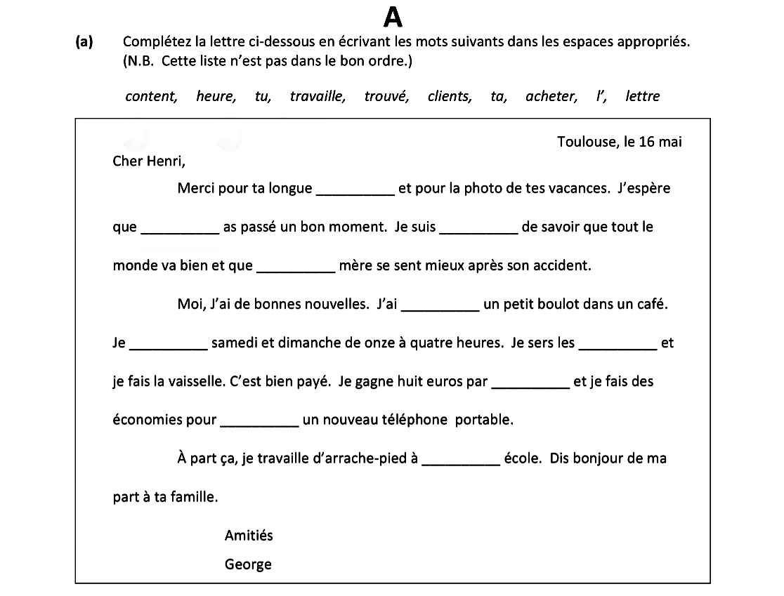Complétez-la-lettre-ci-dessous-en-écrivant-les-mots-suivants-dans-les-espaces-appropriés-Leaving Cert French-Question A-2019.png