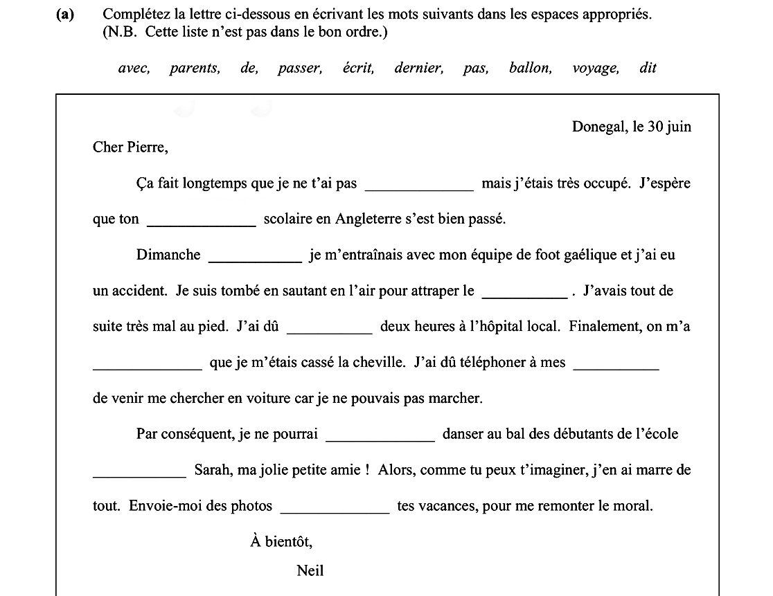 Complétez-la-lettre-ci-dessous-en-écrivant-les-mots-suivants-dans-les-espaces-appropriés-Leaving Cert French-Question 1(a)-2015.png