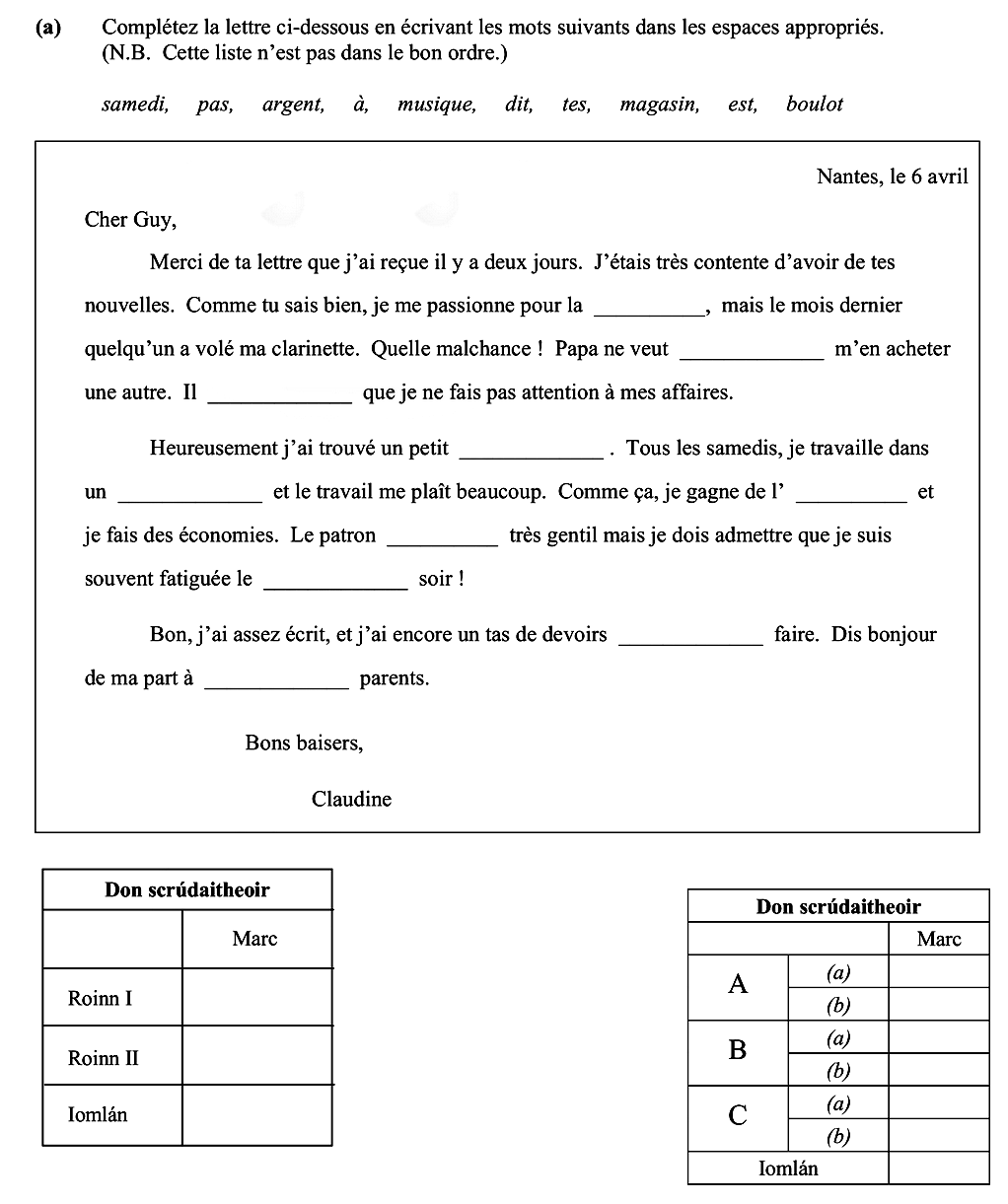 Complétez-la-lettre-ci-dessous-en-écrivant-les-mots-suivants-dans-les-espaces-appropriés-Leaving Cert French-Question 1(a)-2012.png