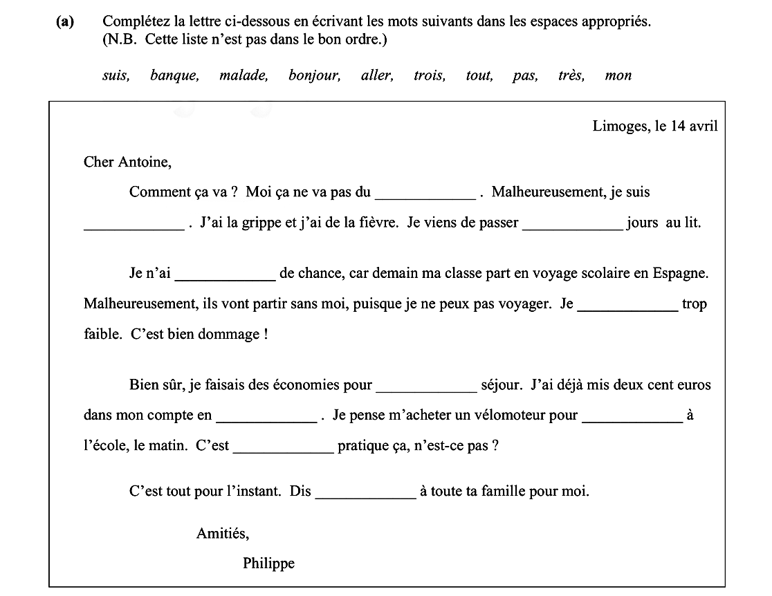 Complétez-la-lettre-ci-dessous-en-écrivant-les-mots-suivants-dans-les-espaces-appropriés-Leaving Cert French-Question 1(a)-2011.png